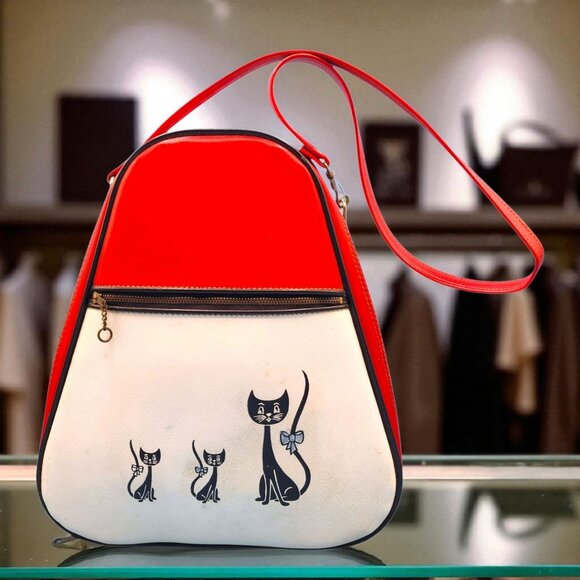 Mid Century Modern Siamese Cat Handbag 1950s 1960s Red White Japan Purse - Picture 1 of 10